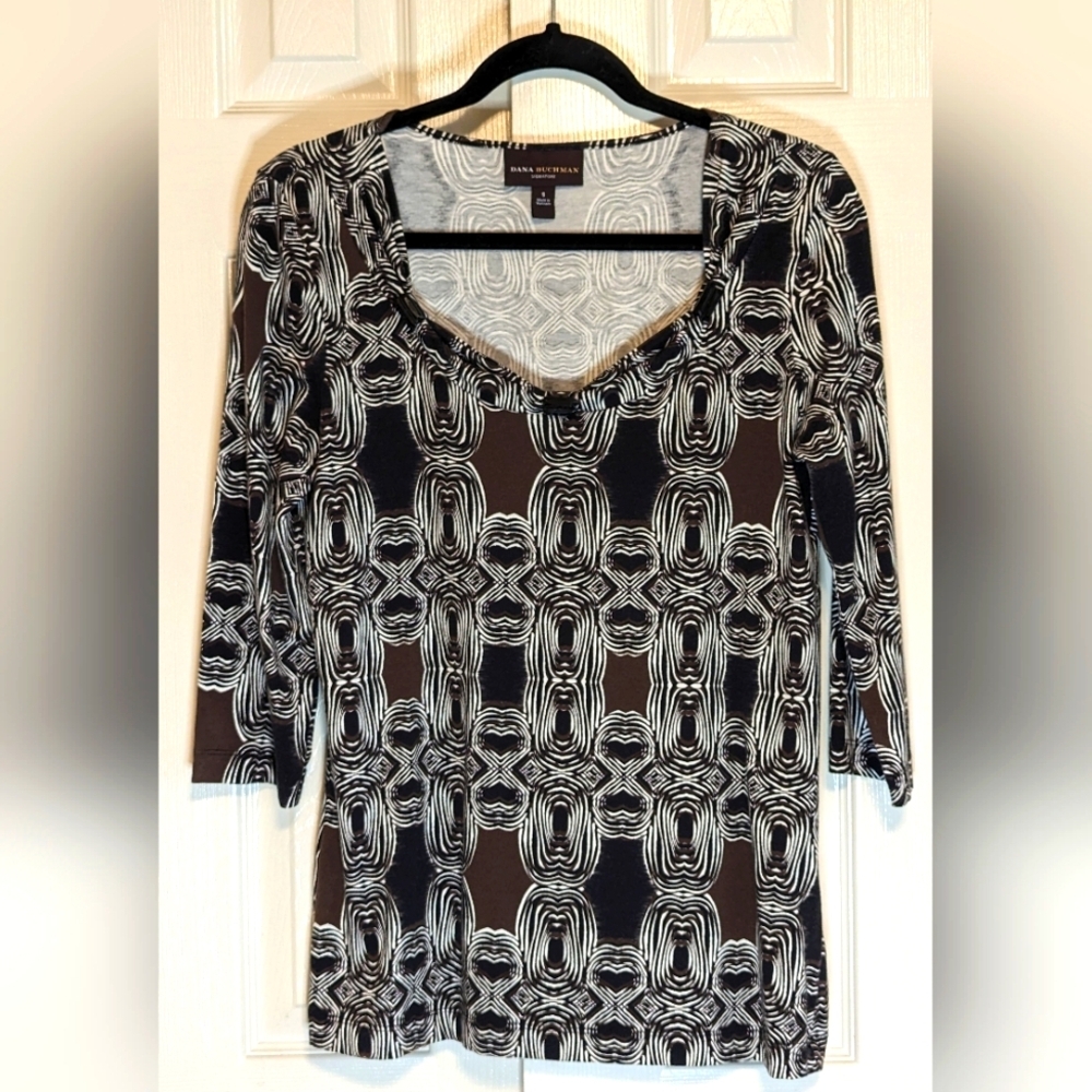 5/$25 Dana Buchman Brown/Black & White 3/4" Sleeve Top